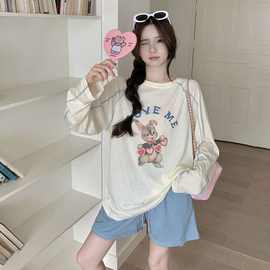 韩版趣味卡通兔子印花T恤女秋季插肩长袖宽松显瘦中长款套头上衣