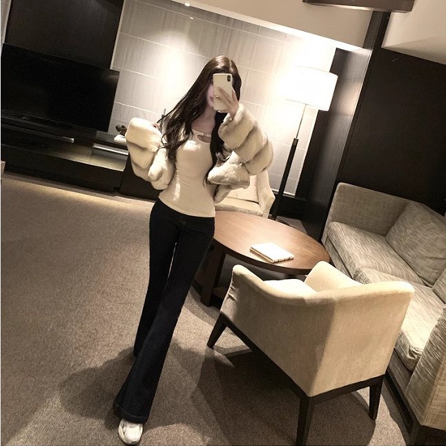 韩雨嘉韩模翘臀裤复古藏青色 超模比例修身显瘦牛仔喇叭长裤|undefined