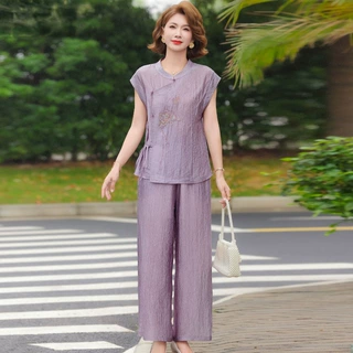 母亲节礼物衣服妈妈夏装套装时尚减龄新中式小衫中老年短袖上衣女