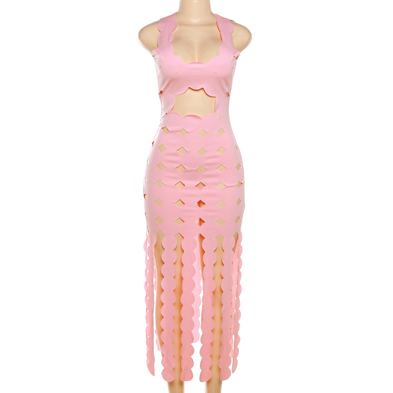Summer Women Clothing Sexy Sleeveless Hollow Out Cutout High Waist Slim Slimming Maxi Dress