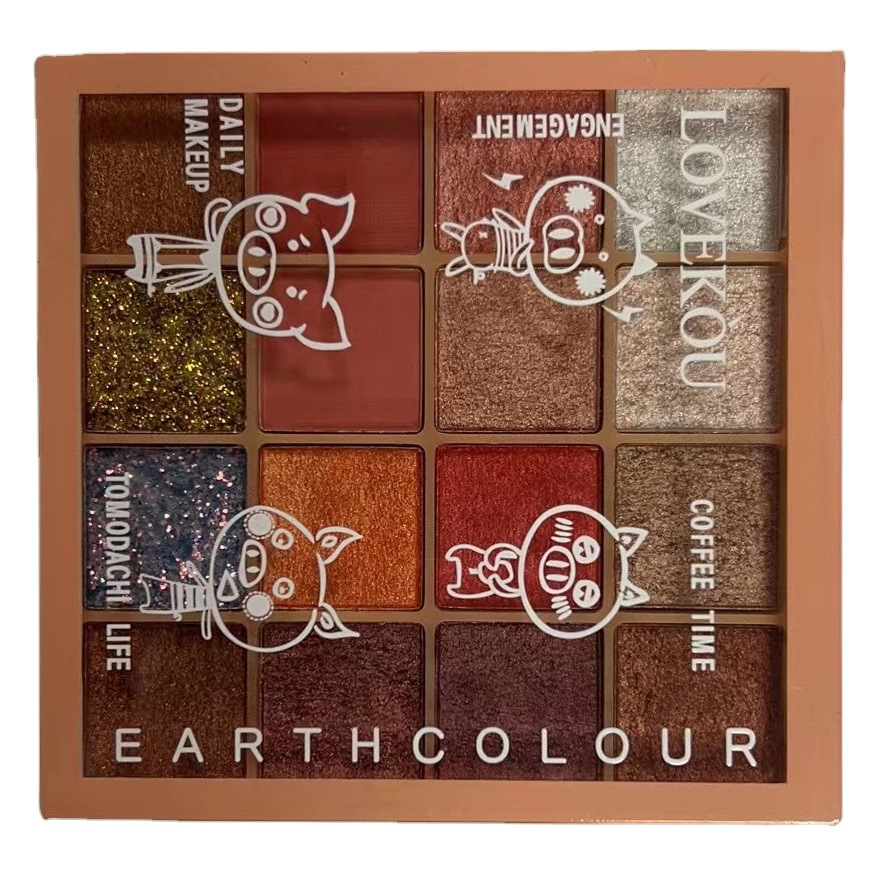 16-Color Mashed Potato Glitter Eyeshadow Palette, Earth Tones, Student Pearlescent Shimmer Brush, Smoky Eye Makeup