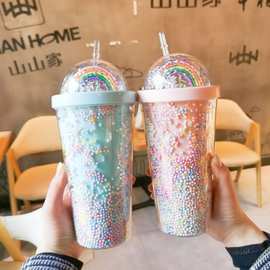 新款创意彩虹塑料水杯时尚大容量女士吸管杯森系双层彩珠畅饮料杯