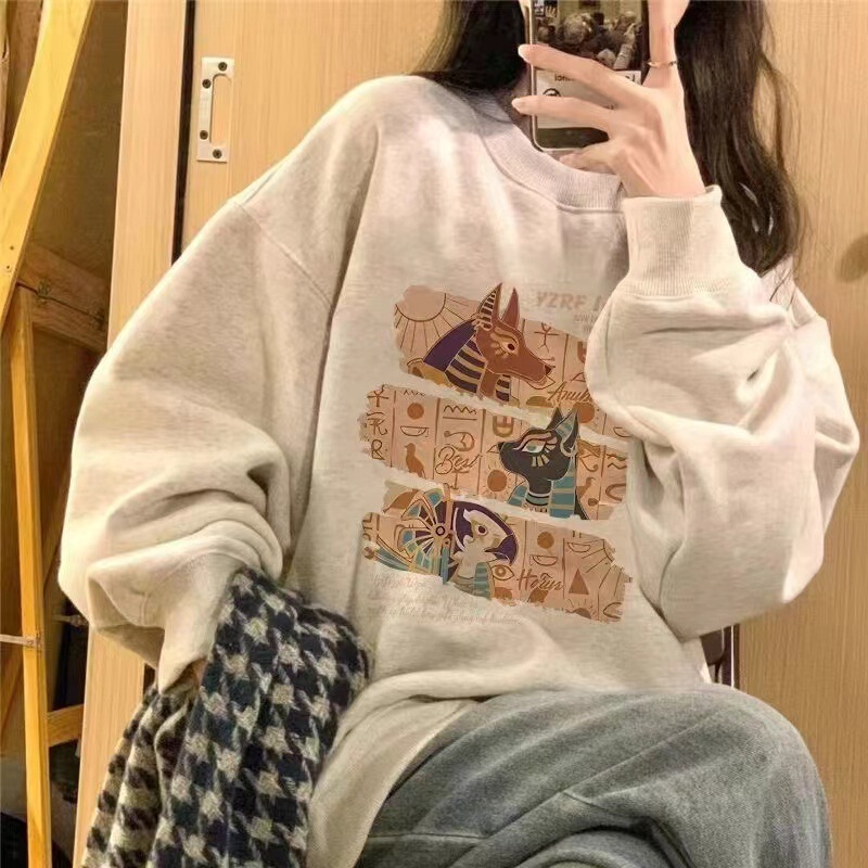 New Round Neck Sweat Women's Small Loose plus size Niche Design American Style Retro Grey Pullover Top Trendy