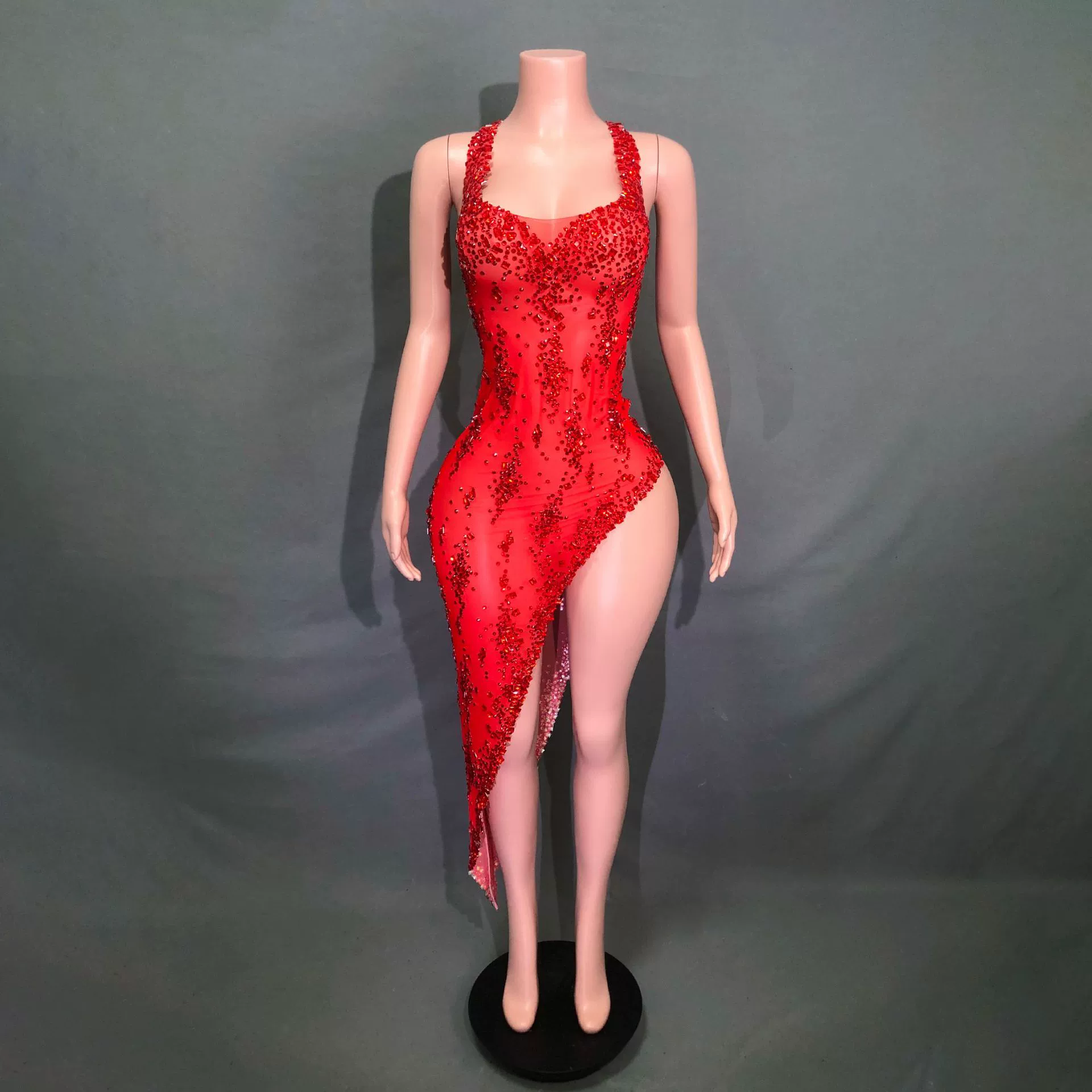 Новая цельная одежда для выступлений, сценический комбинезон с бриллиантами, европейский и американский красный сексуальный прозрачный комбинезон