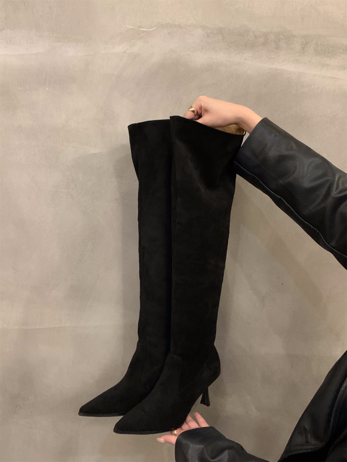 High heel Khaki over the knee pile boots women's new fall/winter pointy skinny knight boots_voghion.com