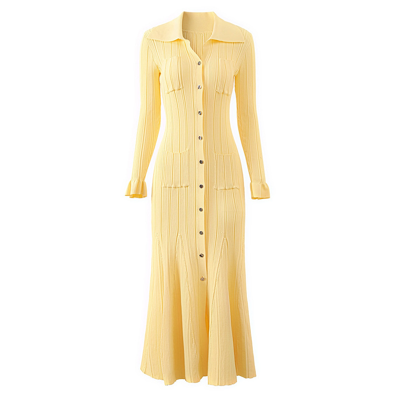 In Stock~2025 Spring Bright Yellow Polo Collar Long Sleeve Knitted Pocket Dress Trendy Cross-Border Hot Dress
