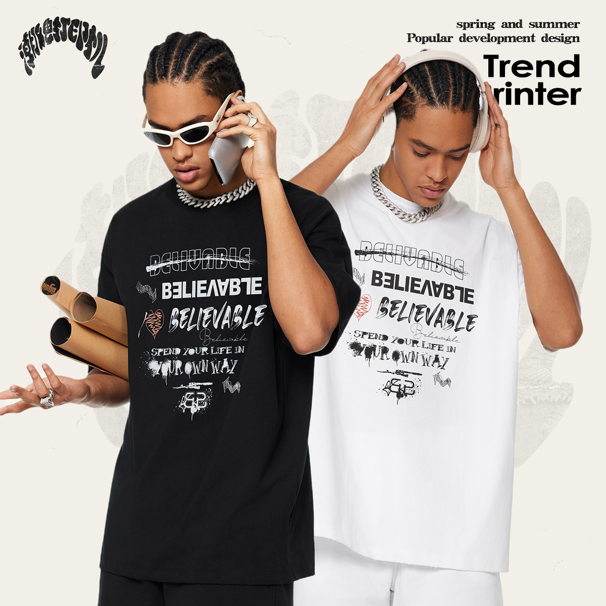 2025 verano marca de moda americana tinta blanca impresión directa de chorro de tinta hombre manga corta cuello redondo suelto pesado camiseta personalizada para hombres