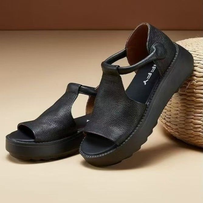 Sandalias para mujeres verano 2026 nuevo estilo retro de fondo grueso de cuero suave romanas sandalias de boca de pez para mujeres sandalias de fondo grueso