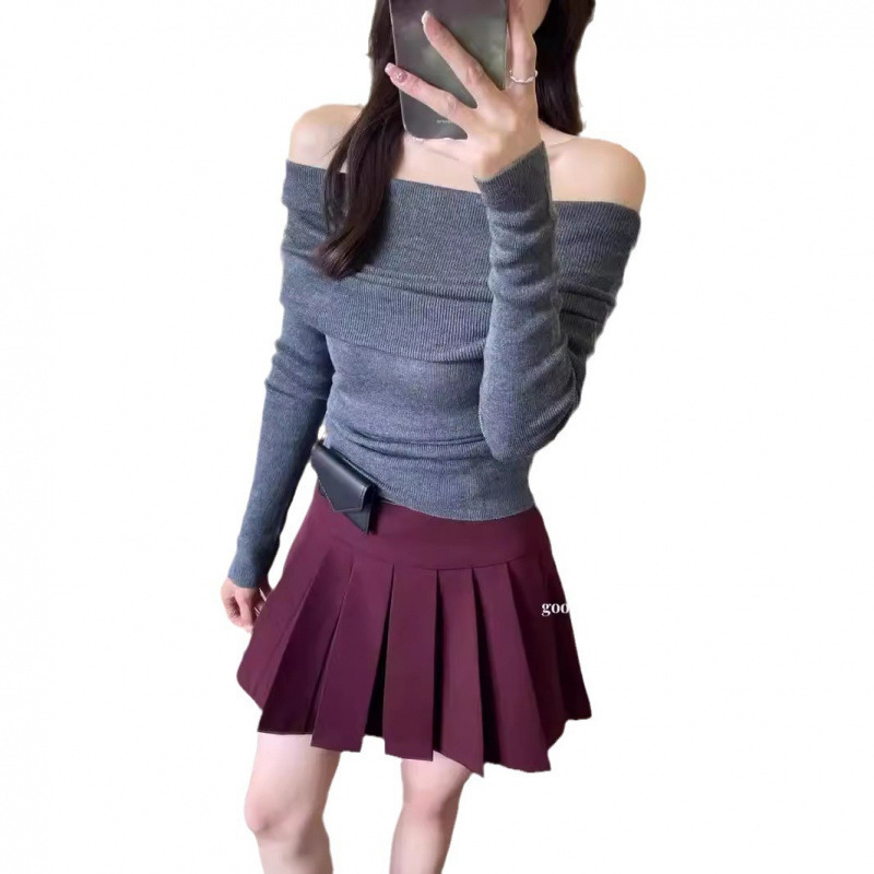 法式一字肩露肩针织打底衫女长袖内搭秋冬毛衣修身高级感锁骨上衣|undefined