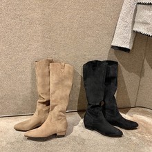葡萄妈秋季新款涩谷靴~V口尖头绒面粗跟高筒骑士靴西部堆堆瘦瘦靴