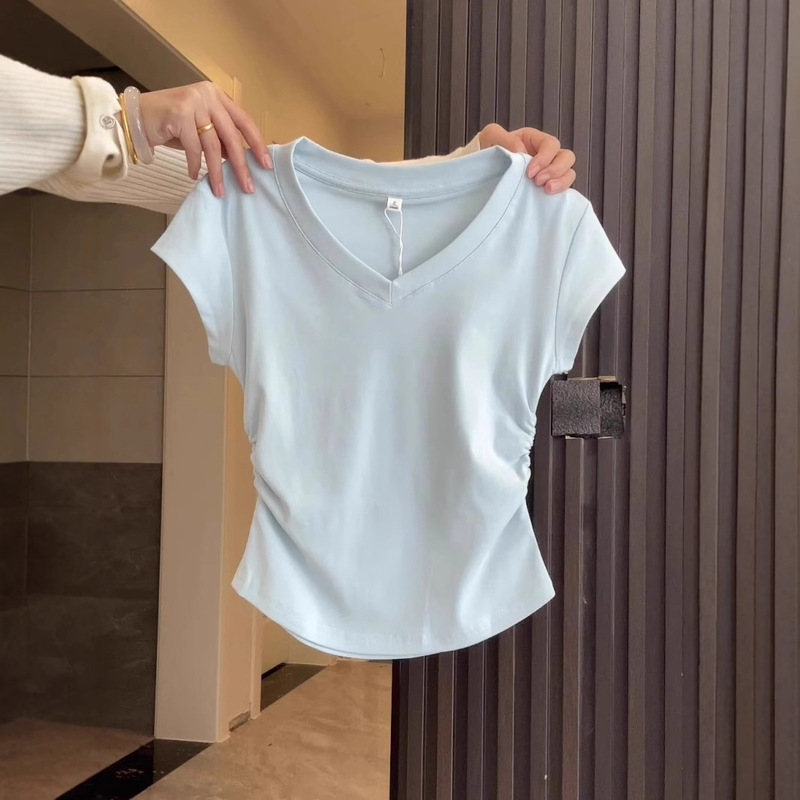 Pure Cotton V-Neck Short-Sleeve T-Shirt for Women, Summer Slim-Fit, Slimming, Pleated Design, Short Top, Trendy 2026 New Model