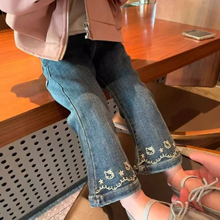 女童裤子秋装2026新款洋气小童女宝宝百搭牛仔喇叭裤儿童绣花长裤