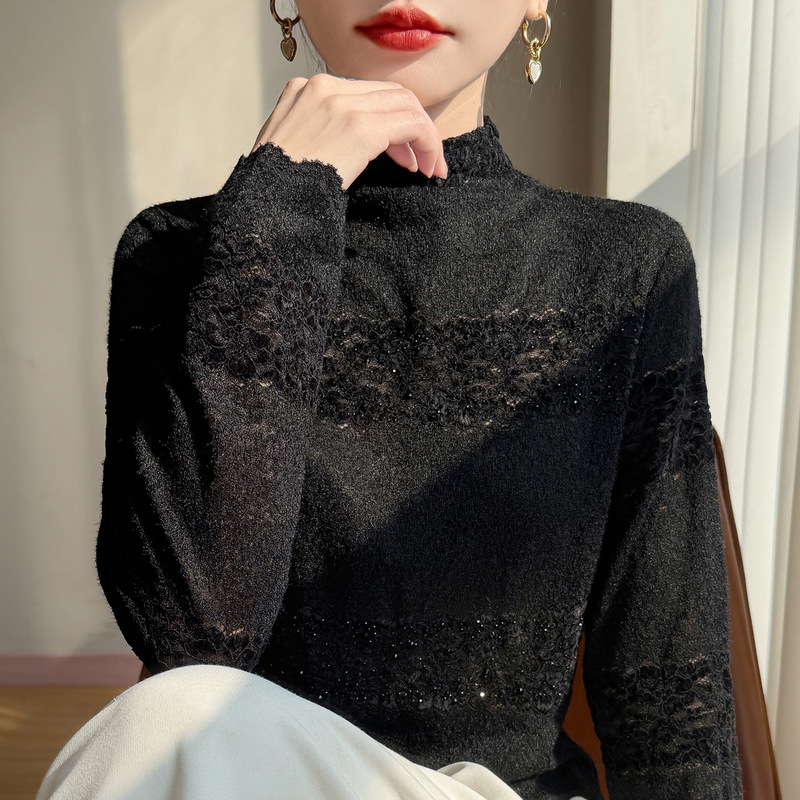 Trendy Lace-Trimmed Half-High Collar Autumn and Winter Loose Base Sweater for Women with Textured Jacquard Thick Stylish Knit Sweater