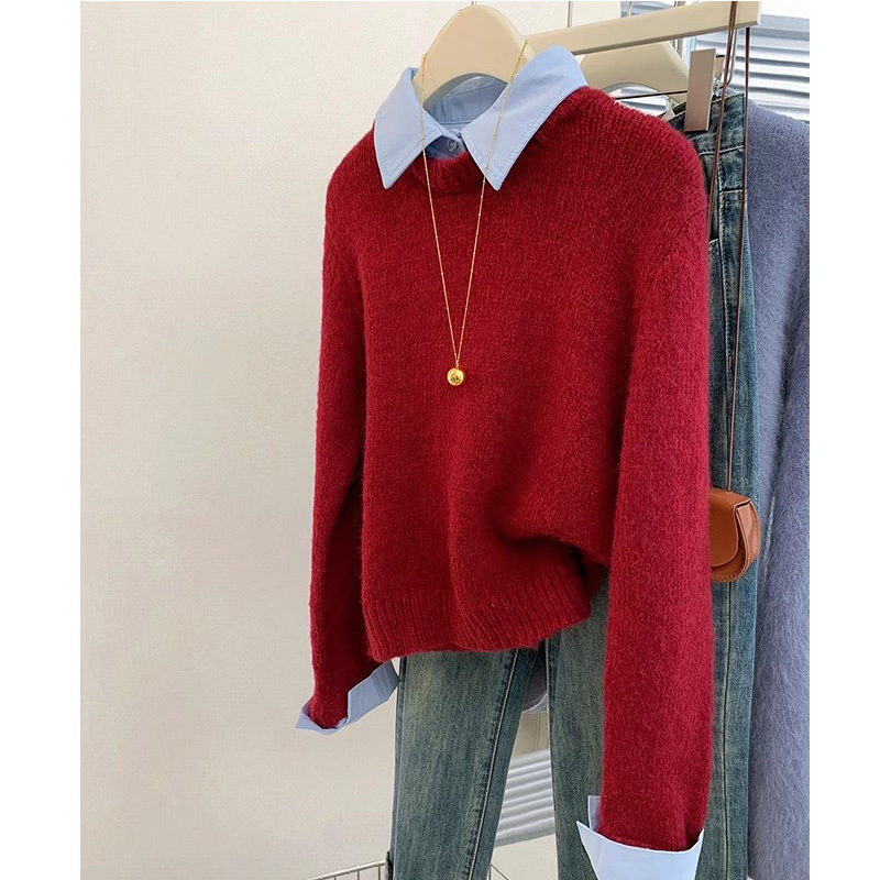 Coreano simple ocio vacaciones dos piezas camisas de punto de moda de primavera y otoño nicho camisa retro cuello suéter image 4