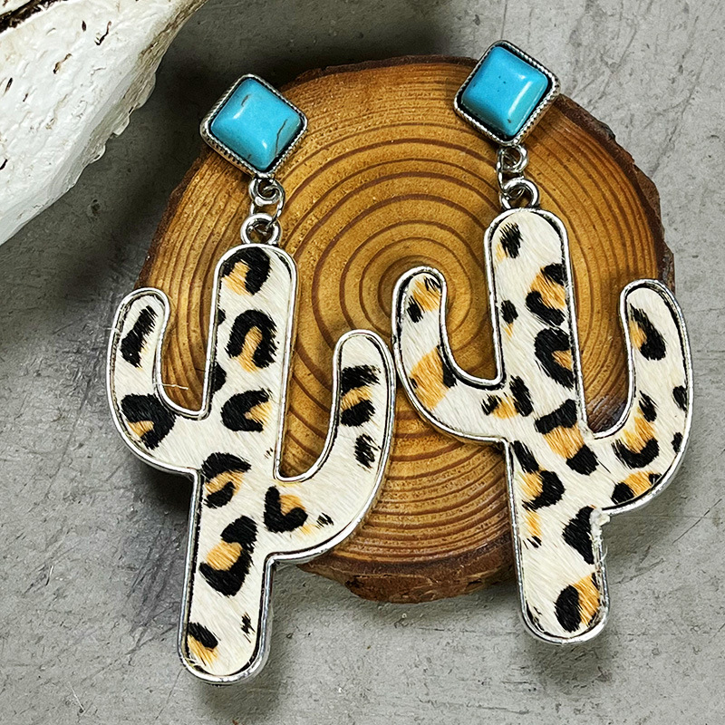 1 Pair Retro Cactus Leopard Pu Leather Alloy Inlay Turquoise Women's Drop Earrings display picture 3