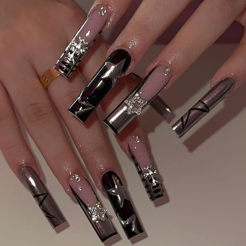 Super Long Water Pipe Wear Armor Fake Nail Pieces Nail Paste Nail Pieces Long European and American Style Five-Star Cross Paste Drill Nail Art Super Long Water Pipe Wear Armor Fake Nail Pieces Nail Paste Nail Pieces Long European and American Style Five-Star Cross Paste Drill Nail Art