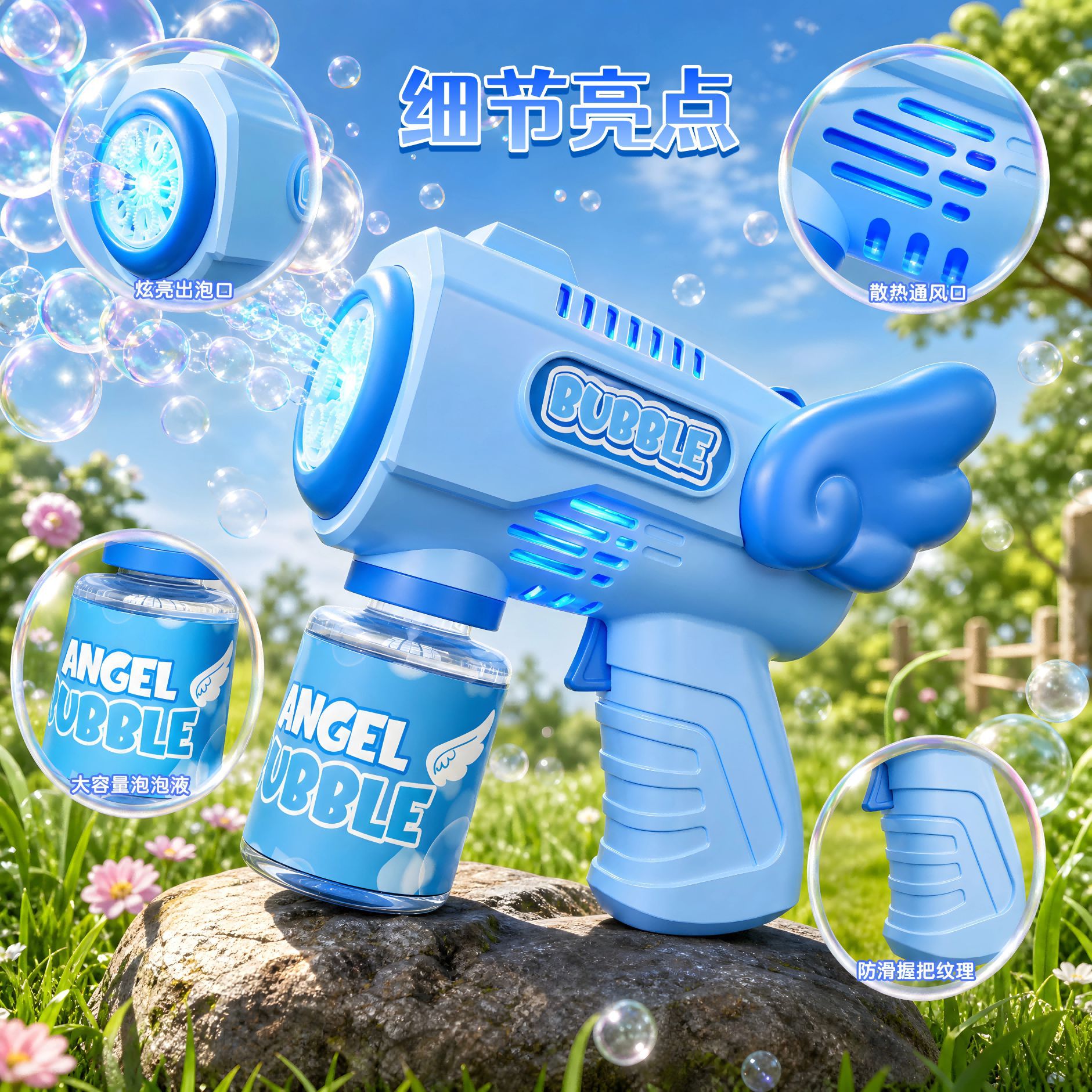 Selección estricta de juguetes de máquina de burbujas de ángeles, pistolas de burbujas eléctricas de mano para niños, soplado automático de burbujas para tiendas al por mayor