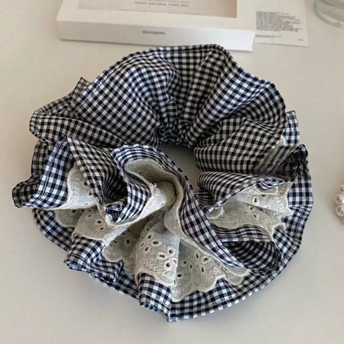 French Retro Double Layer Check Lace Large Size Big Bow Hair Band for Girls 