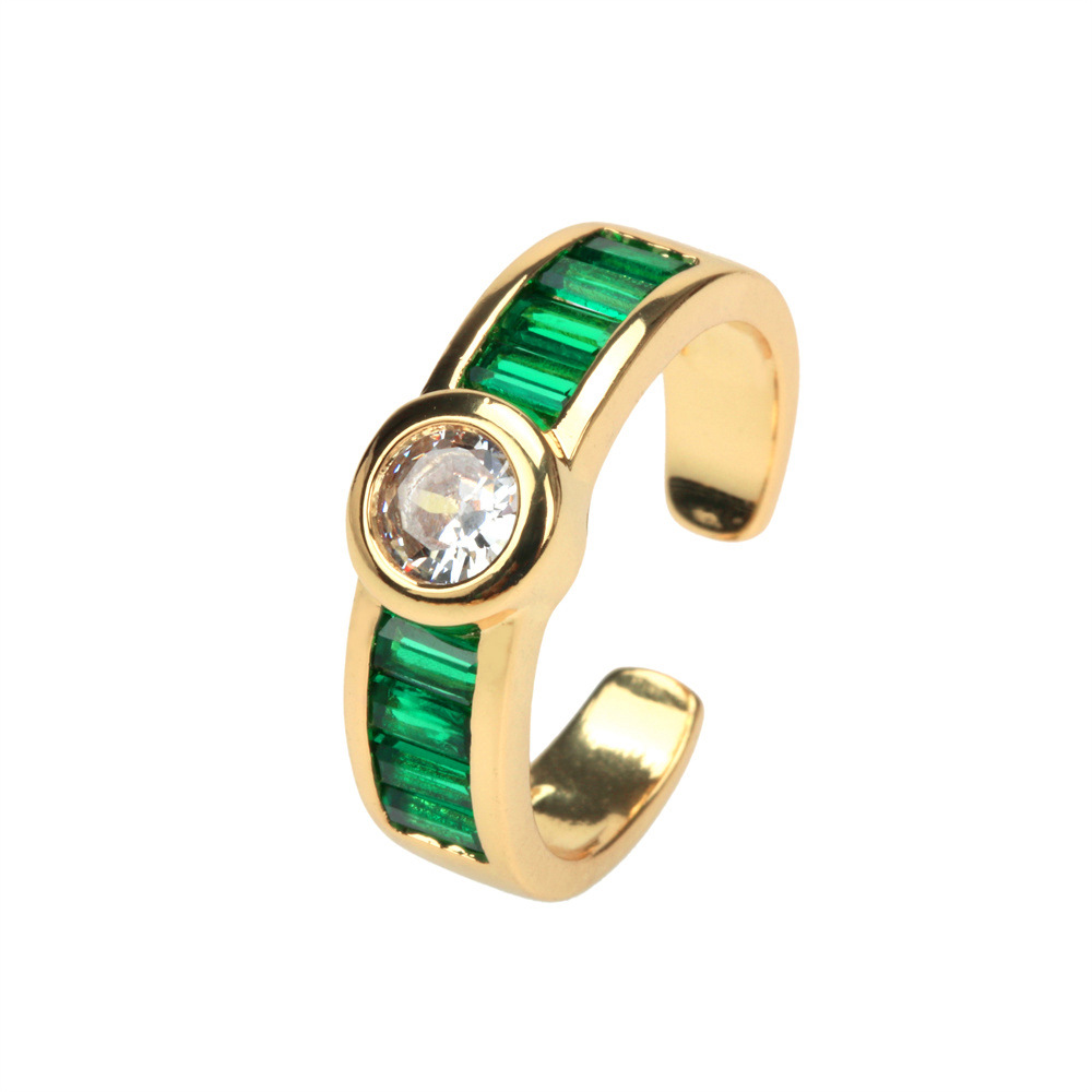 Vintage Emerald Green Zircon Simple Open End Adjustable Gold Plated Copper Ring display picture 1