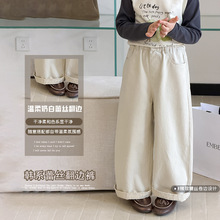 艾摩贝贝中大女童清爽气质休闲裤子干净温柔系精致裤脚蕾丝翻边裤