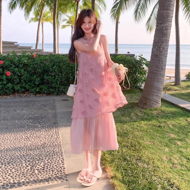 Summer New French Retro Style Gentle Large Size Fat mm Fake Two-Piece Design Pleated Sleeveless Vest Dress