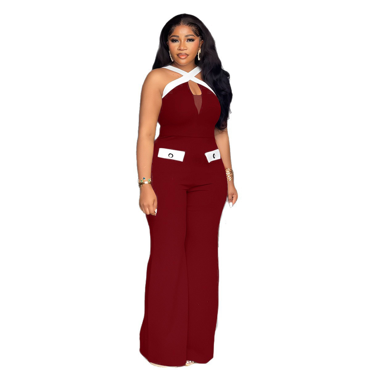 Elegant Commuter Women's Color Block Slim Fit Wide Leg Jumpsuit Cross Strap Stretch European American Style S11216_voghion.com