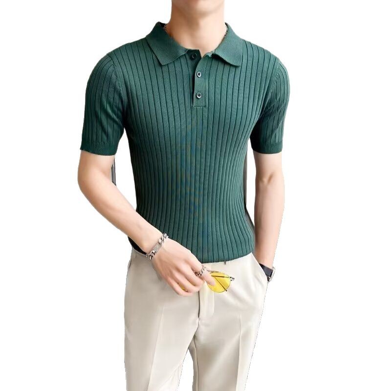 Mature Men's Slim Fit Short Sleeved Summer Knit Sweater Business Style Lapel Button American Fashion_voghion.com