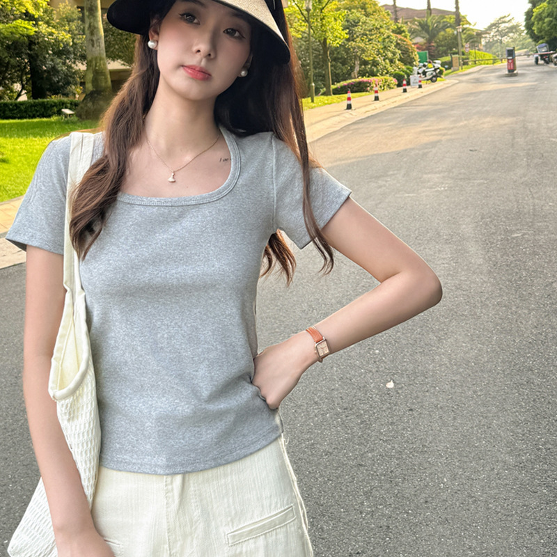 Q Strict Selection of Square Neck Shoulder Short Sleeve T-Shirt Women's Spring and Summer Design Sense South Korea Dongdaemun Bottoming Outer Wearing Top