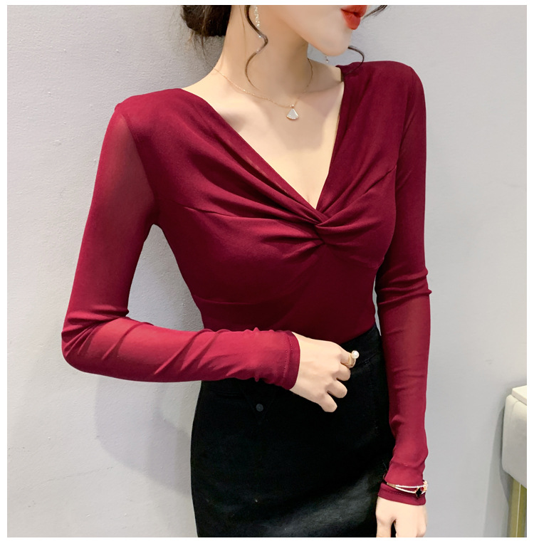 T-shirt da donna slim in rete a maniche lunghe con camicia slim a fondo incrociato_voghion.com