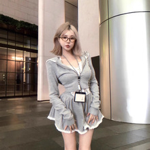 蕾丝拼接连帽短款卫衣外套女秋季纯欲套装a字半身裤裙灰色两件套