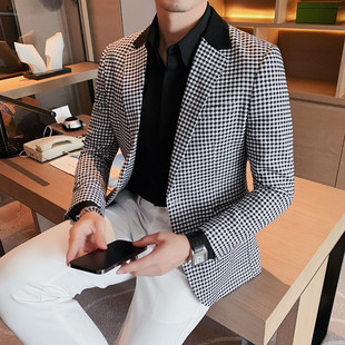 Men's Casual Suit Collar Elbow Patch Contrast Houndstooth Single Suit British Style Commuter to Work Suit Men