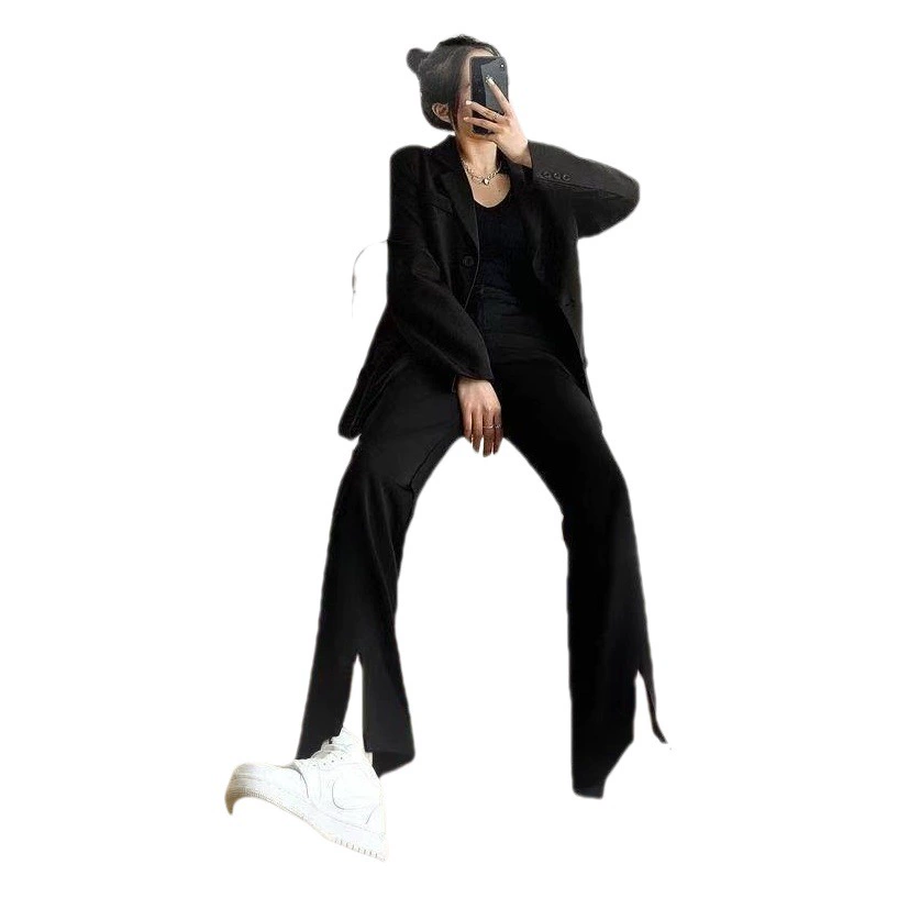 Плюс размер женщин толстый MM200 Jin Сплит широкие брюки свободные черные высокой талией драпировки Костюм прямые брюки