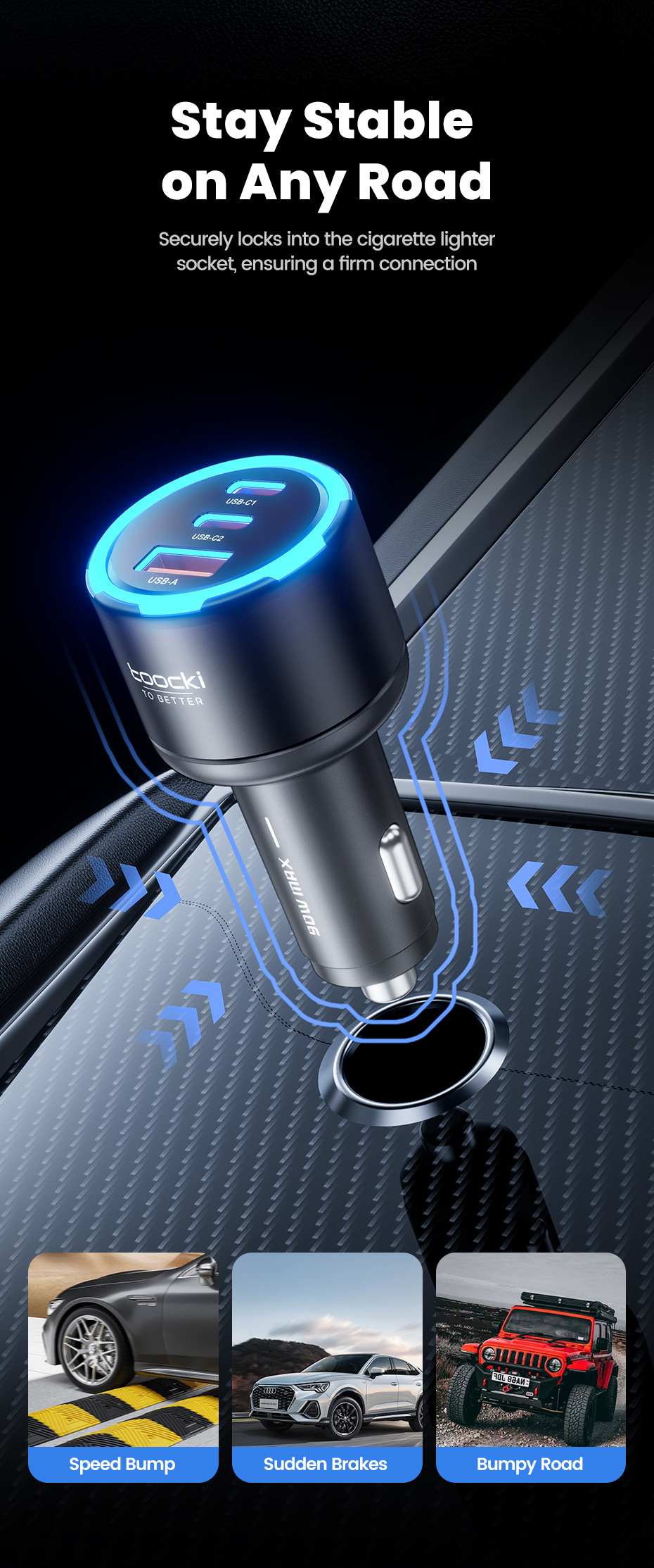 Toocki Cross-Border 90W Ambient Light Three-In-One Super Fast Charging Charger Car Cigarette Lighter Charging Head