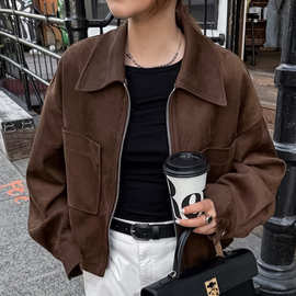 欧美复古潮流宽松夹克上衣女2025冬季新款棕色麂皮绒外套时尚女装