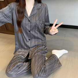 韩式简约黑灰条纹睡衣女春秋长袖开衫长裤家居服套装跨境货源批发