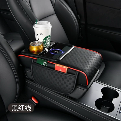 15W Wireless Charging Car Armrest Armrest box pad - rechargeable-black-and-red-line-three-dimensional-flower
