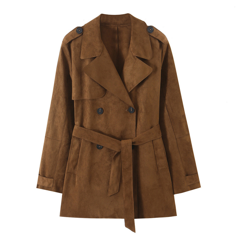 MYST&ZA European and American style autumn women's clothing, simple long-sleeved trench coat with a turn-down collar and belt, suede effect 4968028