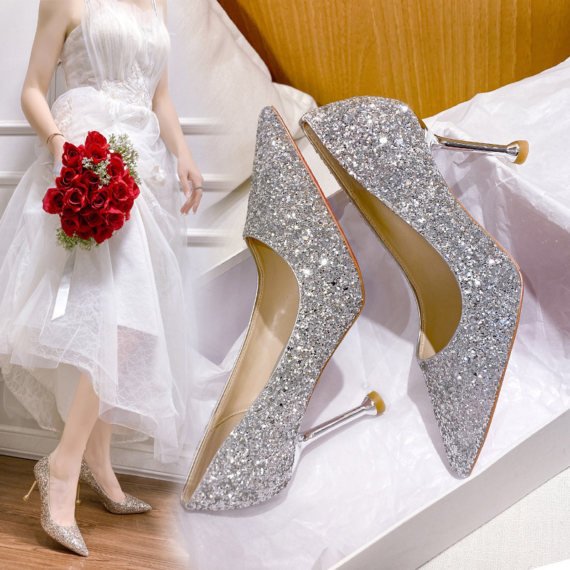Wedding Bride wedding shoes silver winter main wedding dress crystal high heel women's stiletto heel bridesmaid can wear at ordinary times