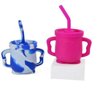 400ml large capacity Children's silicone drinking cup leak-proof straw Cup children's water cup with handle printing logo