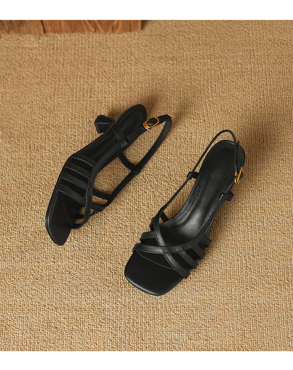 Sandal nữ hở mũi gót dày bện 5.5cm kiểu La Mã — da cừu đen chi tiết 16