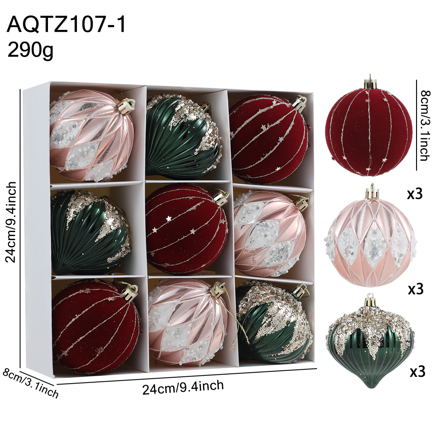 Nuevo producto 8CM pintado polvo adhesivo colorido bola de Navidad colgante bola set caja de decoración de Navidad colgante árbol de Navidad