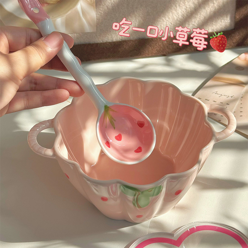 可爱陶瓷泡面碗双耳碗家用个人专用防烫莓花瓣碗水果沙拉汤面碗|undefined