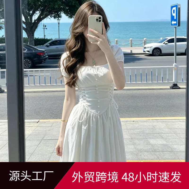 French-Style Square-Neck Puff-Sleeve Dress for Women, Summer Waist-Cinching Tie, Slimming and Elegant Long Dress, Gentle Style, White Tea Break Dress