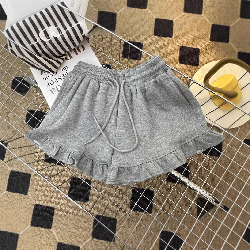 Real Shot of Niche Sports and Leisure Shorts with Ear-Hem Design for Women, High-Waisted, Loose, Outerwear, Home Wide-Leg Hot Pants, Trendy