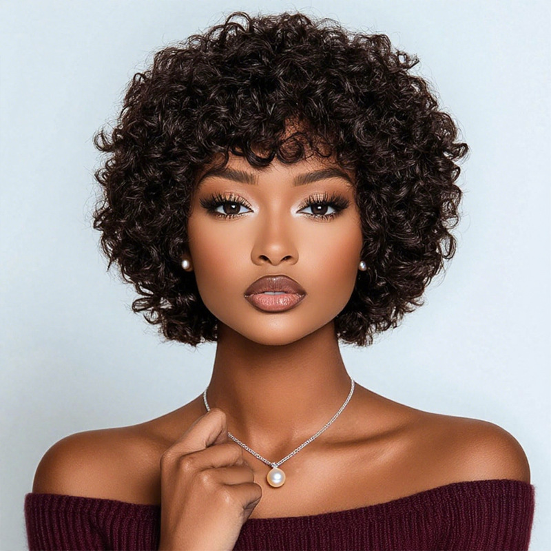 Short Curly Wig, Real Hair, African Curly Hair, Glue-Free Wig with Bangs, Loose Curls for Women