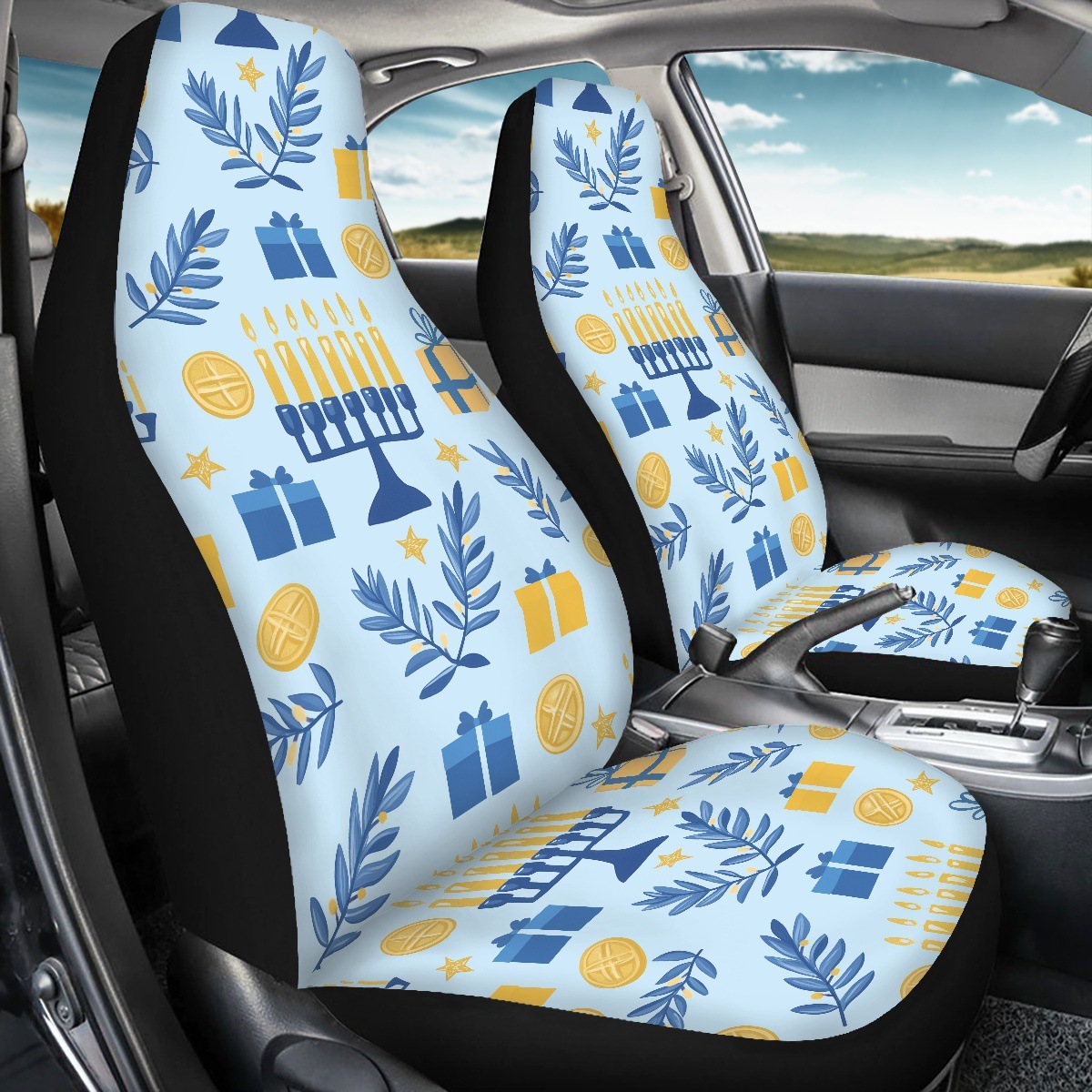 Amazon's best-selling car seat covers feature a Hanukkah candle print design and are custom-made with a non-slip backing. This set includes two pieces for the front seats