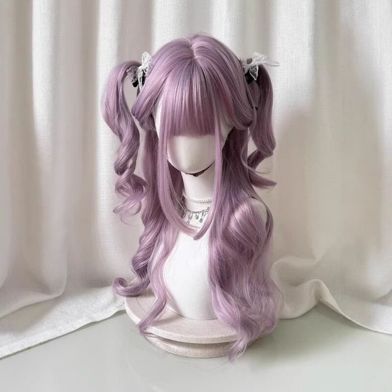 かつら ピンクパープル 女性用 スイートガール系 量産型 ダブルポニーテール ロングカールヘア ロリータ風 前髪あり フルウィッグ|undefined