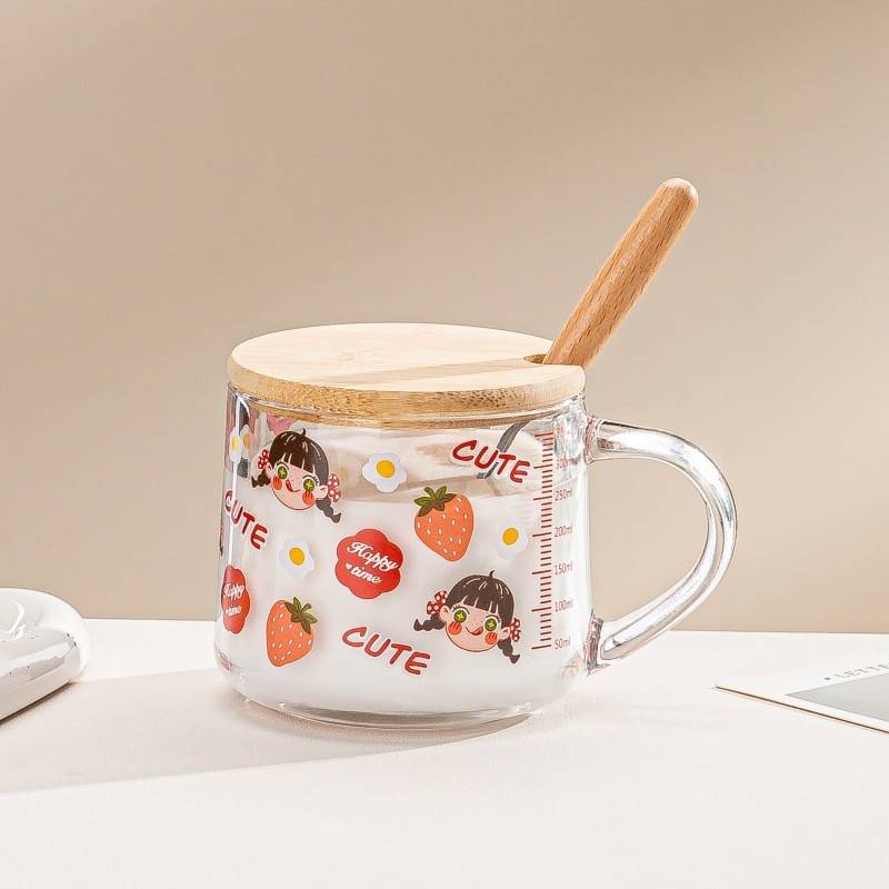 Ins vidrio simple Commuter paja leche desayuno taza Linda Escala de dibujos animados taza con cuchara regalo impresión