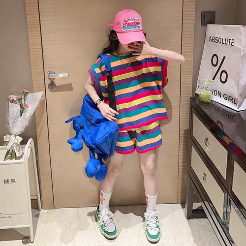 Fashionable sportswear set for girls, trendy  new children's summer colorful striped short-sleeve two-piece set