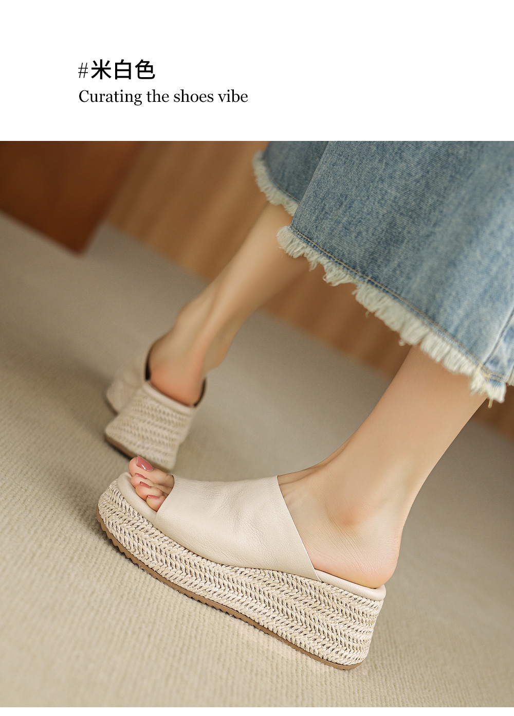 Dép sandal nữ quai ngang đế xuồng bệt gót thấp mũi hở chất liệu da cừu — màu trắng ngà, màu mơ chi tiết 9